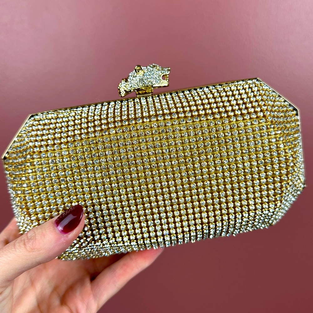 Adrienne Landau Gold Crystal Rhinestone Minaudiere Clutch